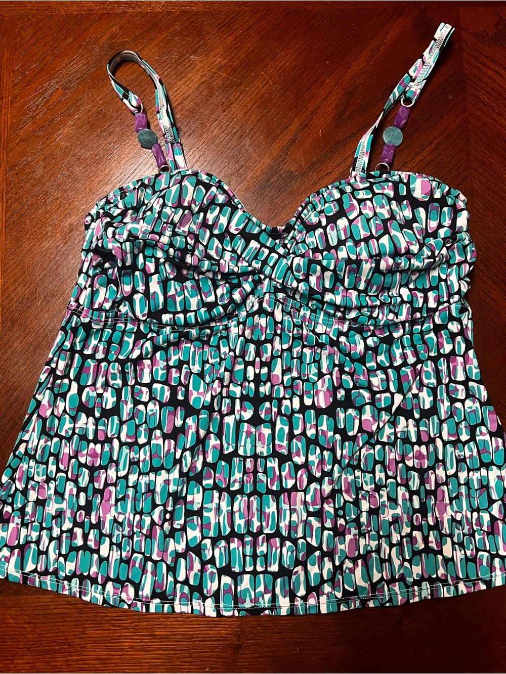 Dana Buchman Tankini Top Size 14 Multicolor Beaded Straps Ruched Padded Swim